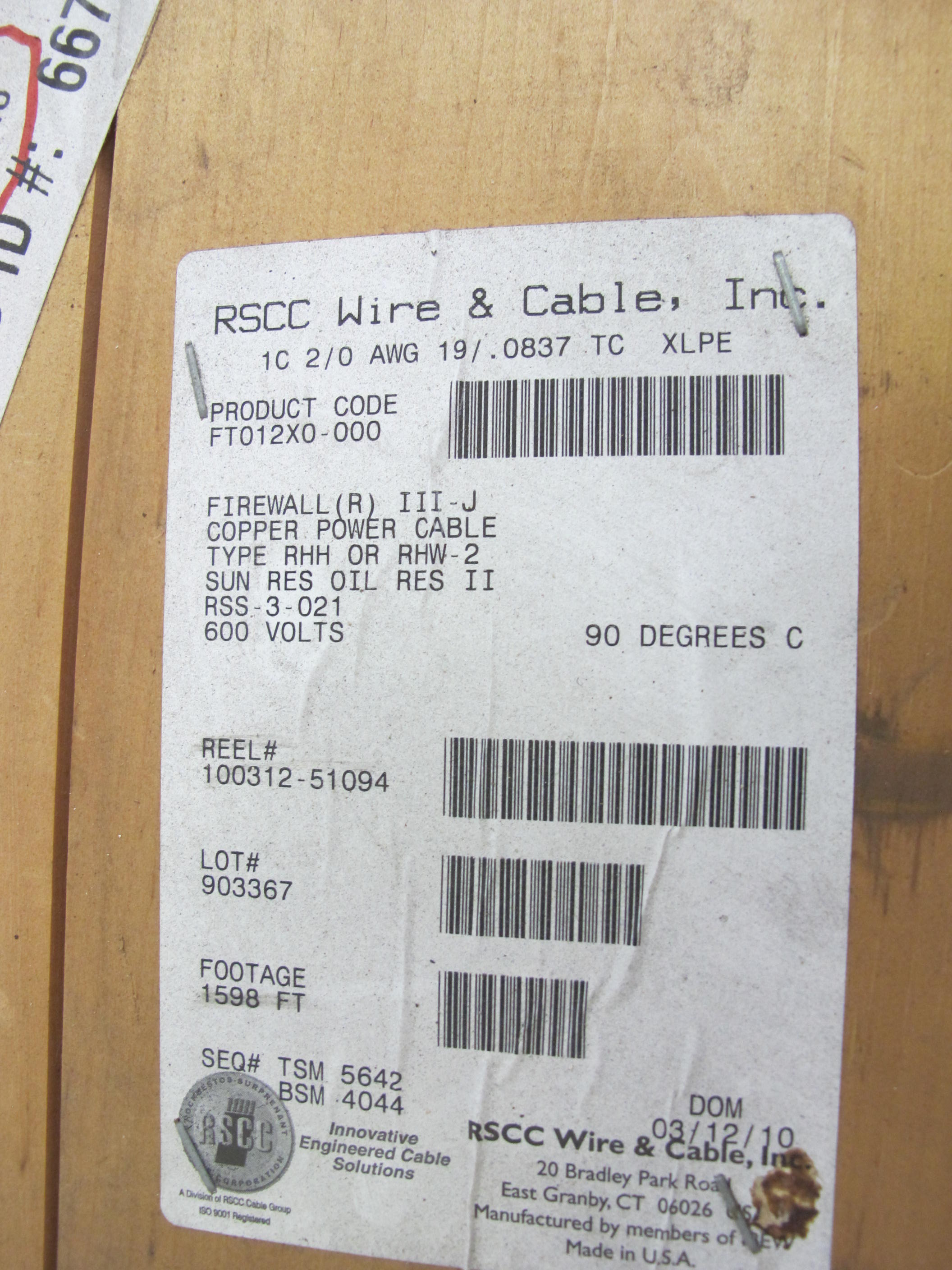 LOT (1598 FT) OF  CABLE, ELECTRICAL TYPE, 2/0 AWG SIZE, 600V RATING, COPPER MATERIAL, 1 CONDUCTOR, POWER KIND. NON-SHIELDED, FLAME RETARDANT ETHYLENE PROPYLENE RUBBER INSULATED BLACK, MARK WITH CABLE CODE H1G (W-44) LOADING & HANDLING FEE $15-